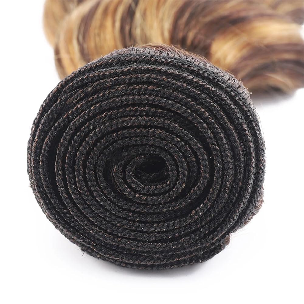 Brown Human Hair Bundles P427 Highlight Honey Blonde Deep Wave 3 Bundles Human Hair 14 16 18 Inch Double Weft Grade 12A Unprocessed Virgin Remy Hair 2 Tone #4 Mixed With Color 27 50g Per Bundle