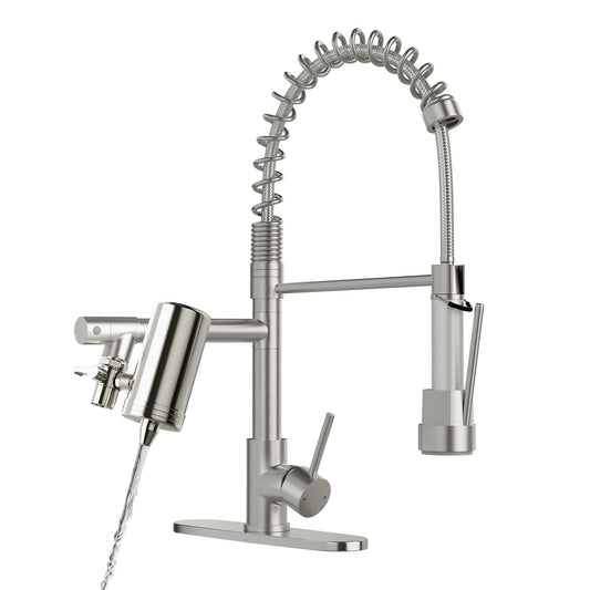 AIMADI Kitchen Faucet with Water Filter and Pull Down Sprayer, Brushed Nickel Stainless Steel Single Handle Kitchen Sink Faucet for Drinking Water, Farmhouse, RV, Utility or Laundry Sink