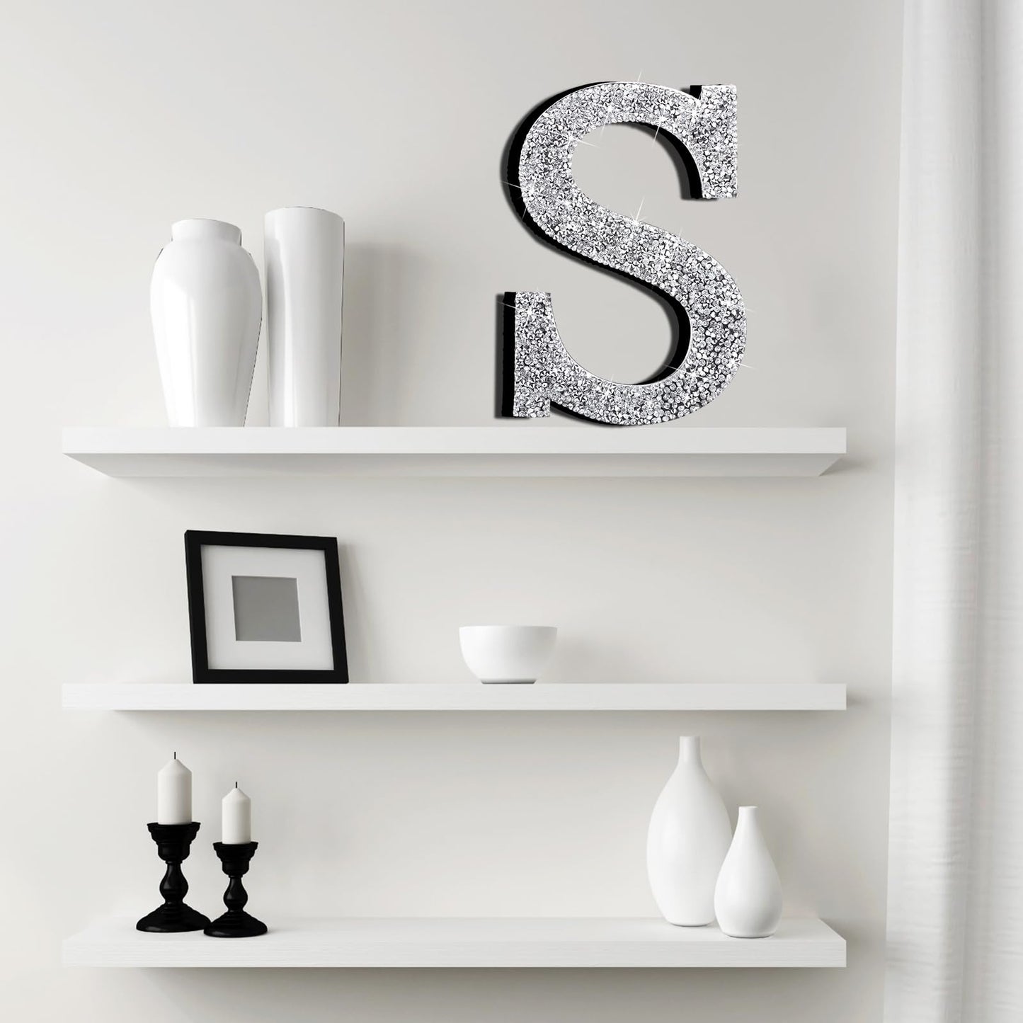 Qunclay Silver Crystal Diamond Bling Letters Crushed Diamond Decoration Wooden Glitter Letter with Screw and Hooks Rhinestone Gift for Wedding Y2k Mcbling Bedroom Wall Decor(Letter S,5.7"l X 5.7"w)
