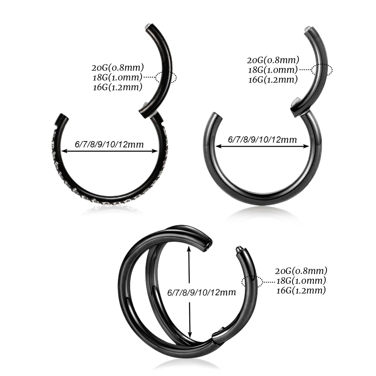 GAGABODY Unisex 16G Black Surgical Steel Multi-Use Body Jewelry - Nose Hoop, Lip, Septum, Conch, Helix, Cartilage, Ear Lobe - 3pcs with Velvet Bag