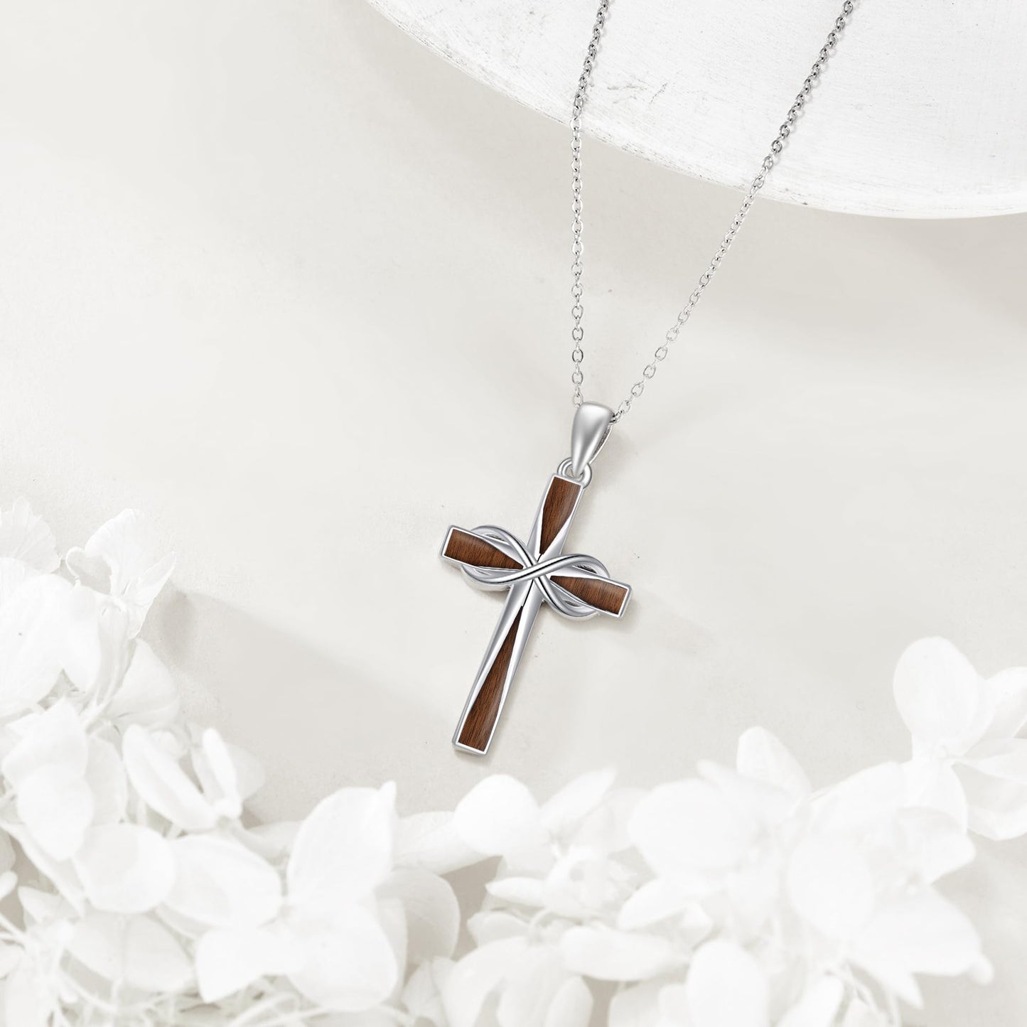 ONEFINITY Wooden Cross Necklace 925 Sterling Silver Infinity Cross Pendant Necklace Religious Jewelry Gifts for Women Men