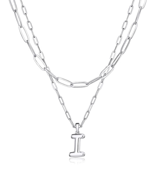 adoyi Silver Initial Necklace for Women 14k Gold Plated Layered Bubble Letter Necklaces Trendy Jewelry Chain Name I Pendant Necklace Stack Birthday Valentines Gifts