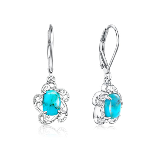 AIBAO Turquoise Earrings for Women Sterling Silver Blue Gemstone Flower Drop Earrings Native American Jewelry Bohemian Western Turquoise Dangle Earrings