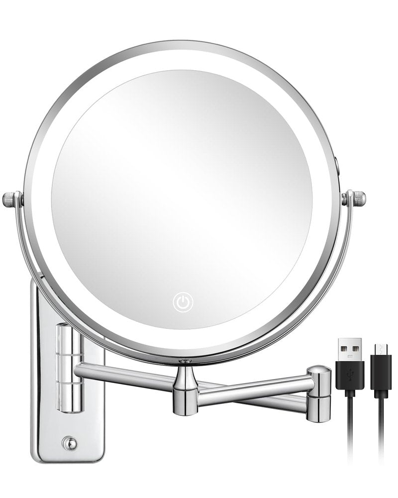DECLUTTR Wall Mounted Lighted Makeup Mirror, Rechargeable 1X/15X Magnifying Mirror 8 Inch Double Sided, 3 Colors Vanity Mirror with Lights, Touch Dimmable 360° Rotation Foldable