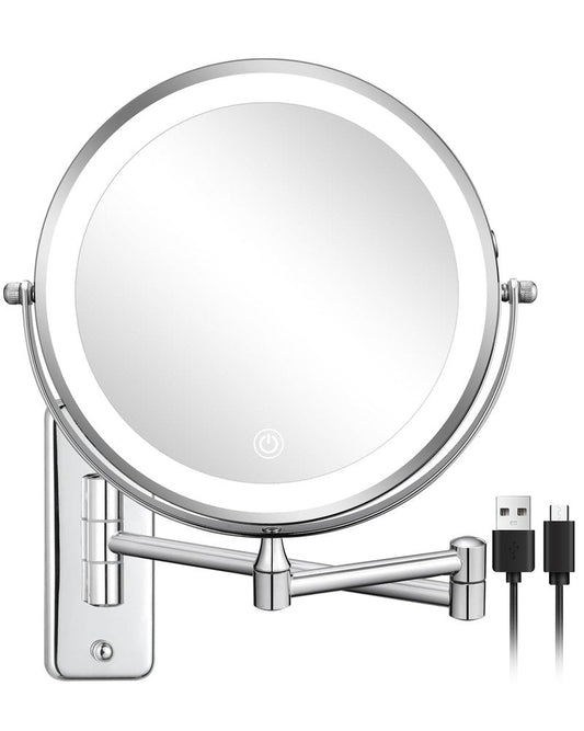 DECLUTTR Wall Mounted Lighted Makeup Mirror, Rechargeable 1X/15X Magnifying Mirror 8 Inch Double Sided, 3 Colors Vanity Mirror with Lights, Touch Dimmable 360° Rotation Foldable