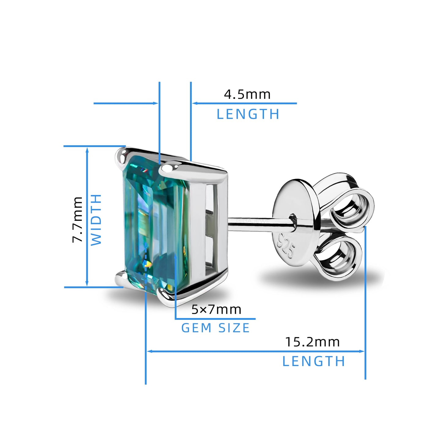 GIGAJEWE Blue Green Color Moissanite Stud Earrings Radiant Cut Moissanite Earrings 2.0ct/pair,18K Gold Plated 925 Steling Silver, Stud Earrings For Women (Emerald-Cyan)