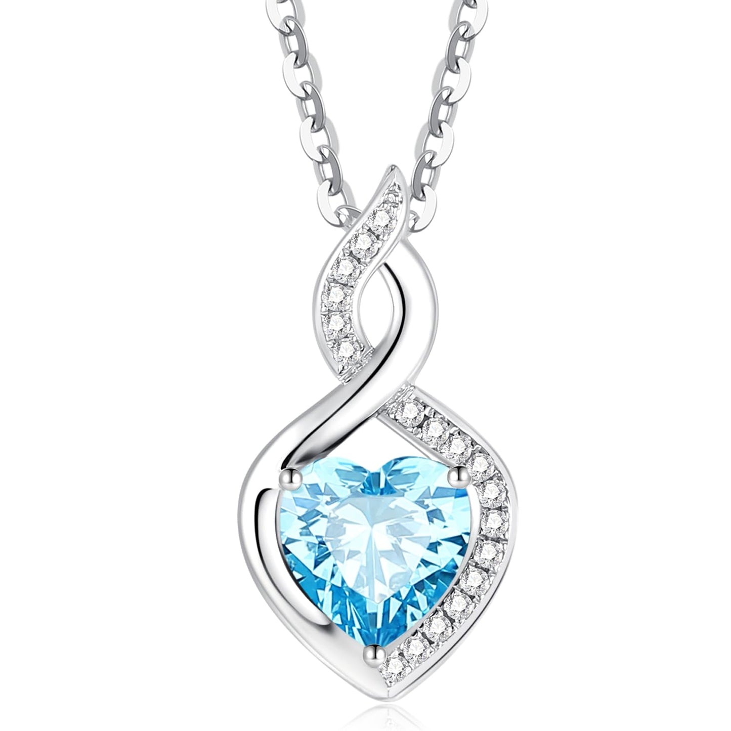 FANCIME Aquamarine Necklace 14K Solid White Gold Heart Pendant with Diamond March Birthstone Necklace Jewelry Gifts for Mom Women