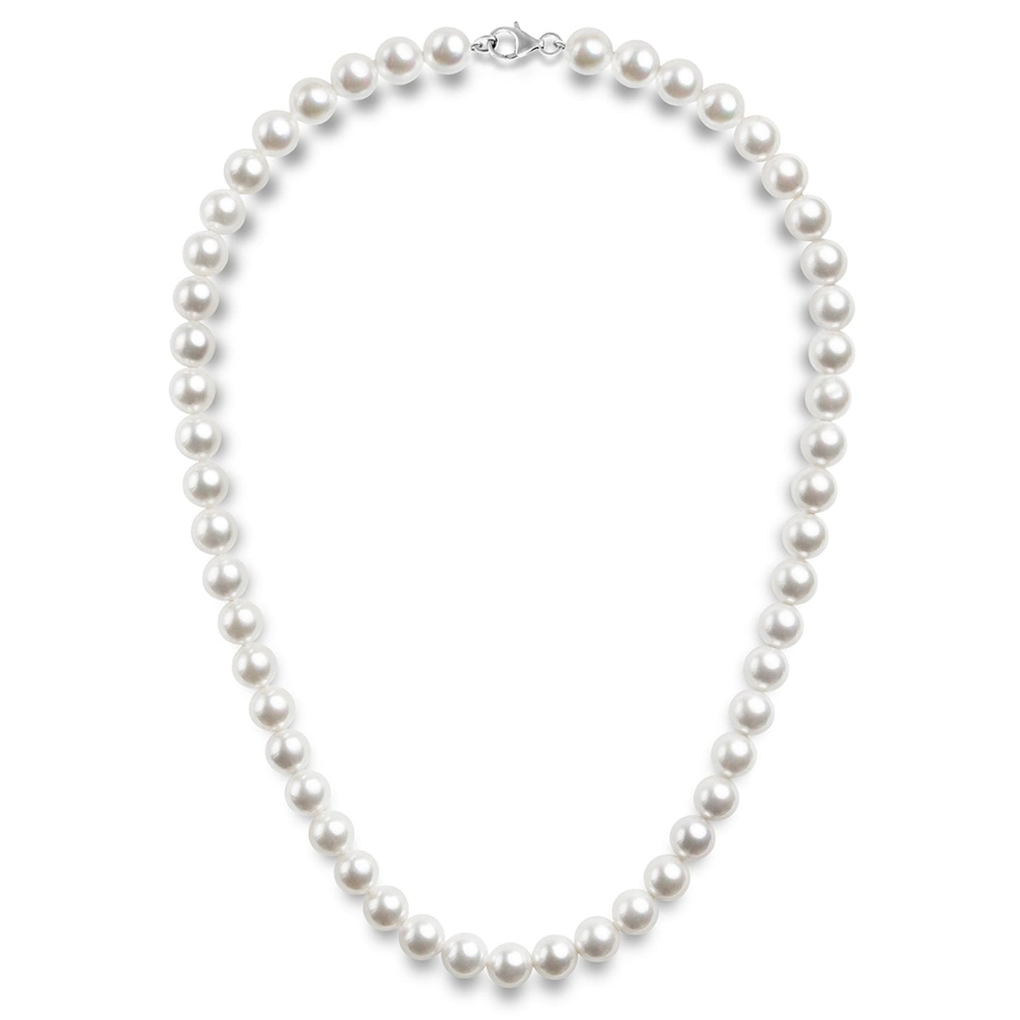 PAVOI 925 Sterling Silver Round White Simulated Shell Pearl Necklace Strand | Pearl Choker Necklace | Jewelry for Women - 22" Length (8mm)