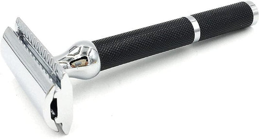 Parker 71R Medium Weight Long Handle Double Edge Safety Razor with 5 Parker Platinum Stainless Steel Razor Blades - Black Electroplated Brass Handle