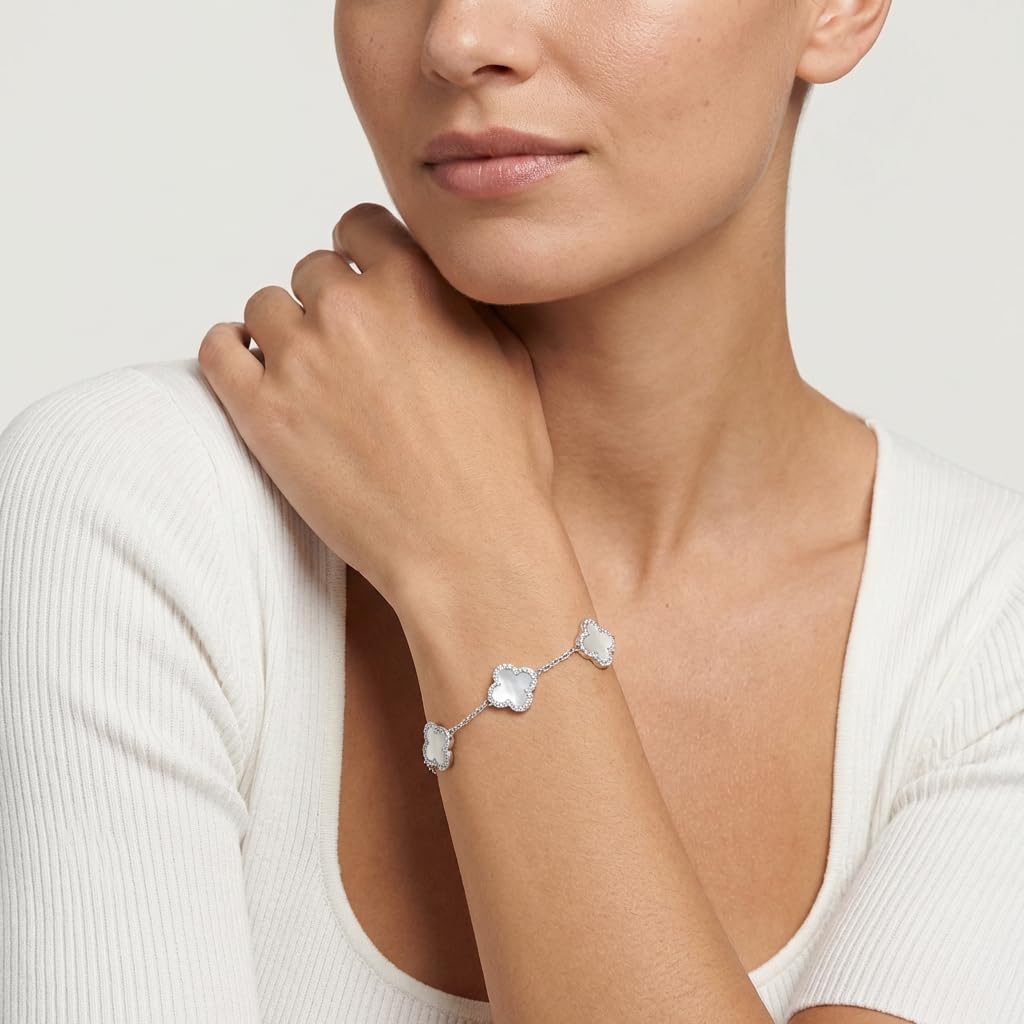 SHINYY Four Leaf Clover Bracelet for Women | 18K Gold Plated Cubic Zirconia Link Bracelet | 4 Leaf Lucky Jewelry Gift for Her (White Silver)