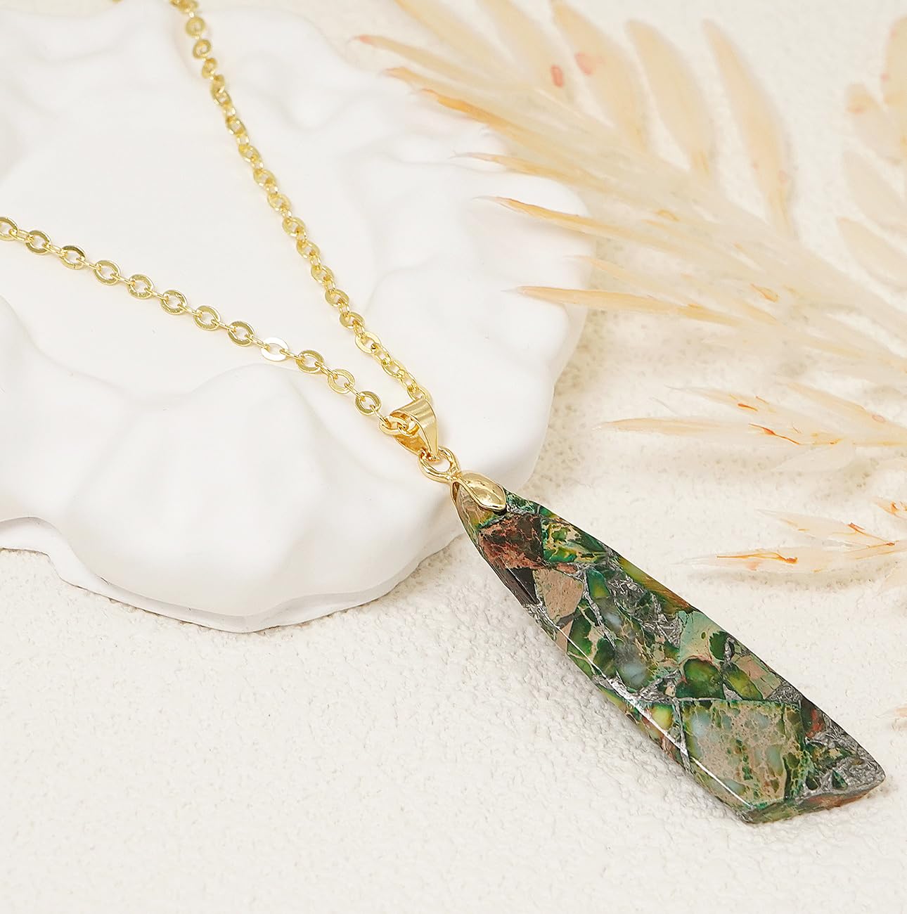 Wovanoo Nature Stone Necklaces for Women Boho Gemstone Pendant Necklace 18K Gold Chain Necklaces Green Gold