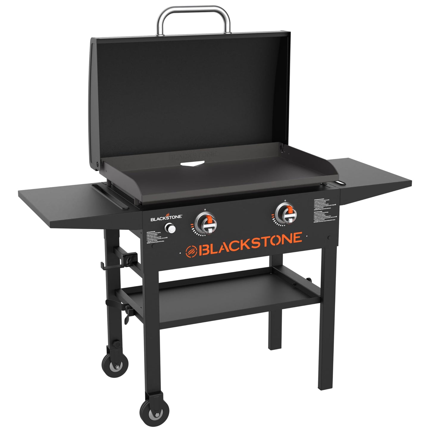 BLACKSTONE 1883 Original 28â Griddle with Integrated Protective Hood and Counter Height Side Shelves, Powder Coated Steel, Black
