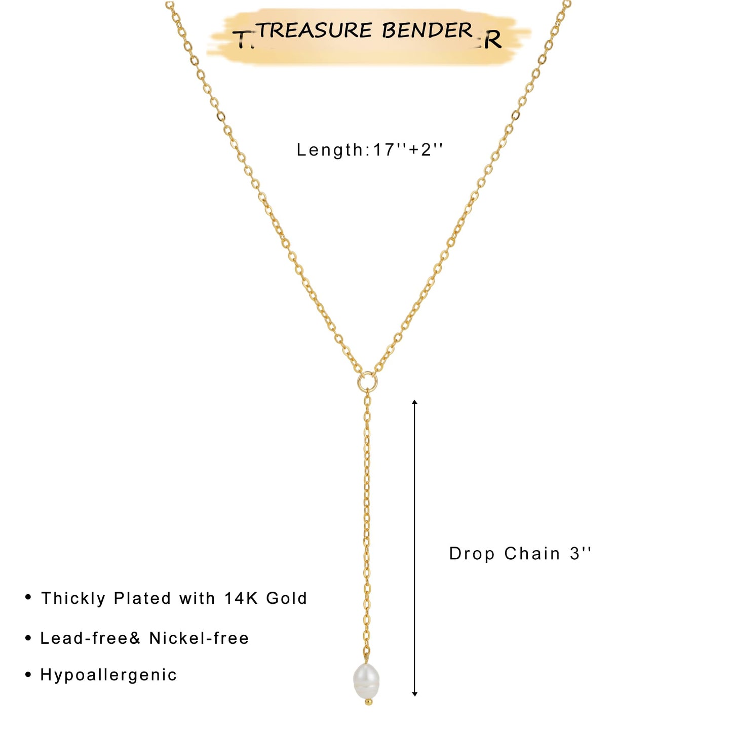 Treasure Bender Lariat Pearl Gold Necklace for Women Dainty Long 14k Gold Plated Y-Shaped Body Chain Choker Necklace Pendant Charm Necklaces Trendy Non Tarnish Gold Jewelry for Women