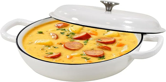 COOKWIN Enameled Cast Iron Braiser Pan, 3.8 Quart Shallow Dutch Oven with Lid, Heavy Duty Casserole Skillet with Dual Handles for Family or Friends Gifts, Oven-Safe to 500Â°F, White