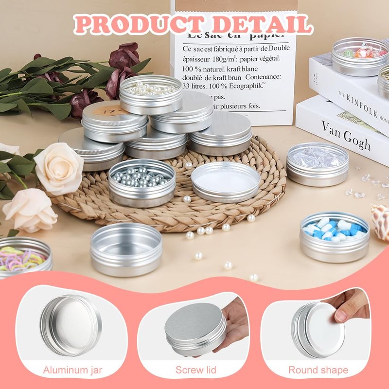 YQ 60 Pack 2oz Tins with Lids, Refillable Salve Tins, Thick 2 oz Tin with Labels, Screw Lid 2oz Tin, Aluminum Round Salve Containers for Lotions, Balms, Salve (Silver)