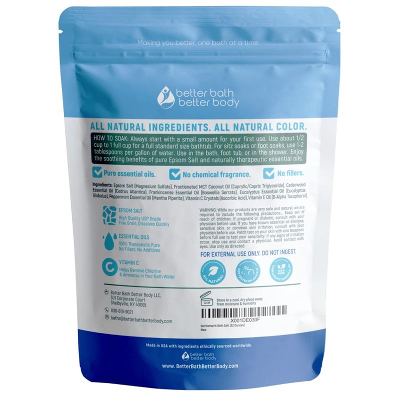 Gentleman's Bath Salt 32 Ounces (2 Lbs) Epsom Salt Soak for Men with Natural Cedarwood and Frankincense Essential Oils Plus Vitamin C in BPA Free Pouch with Easy Press Lock Seal Made in USA