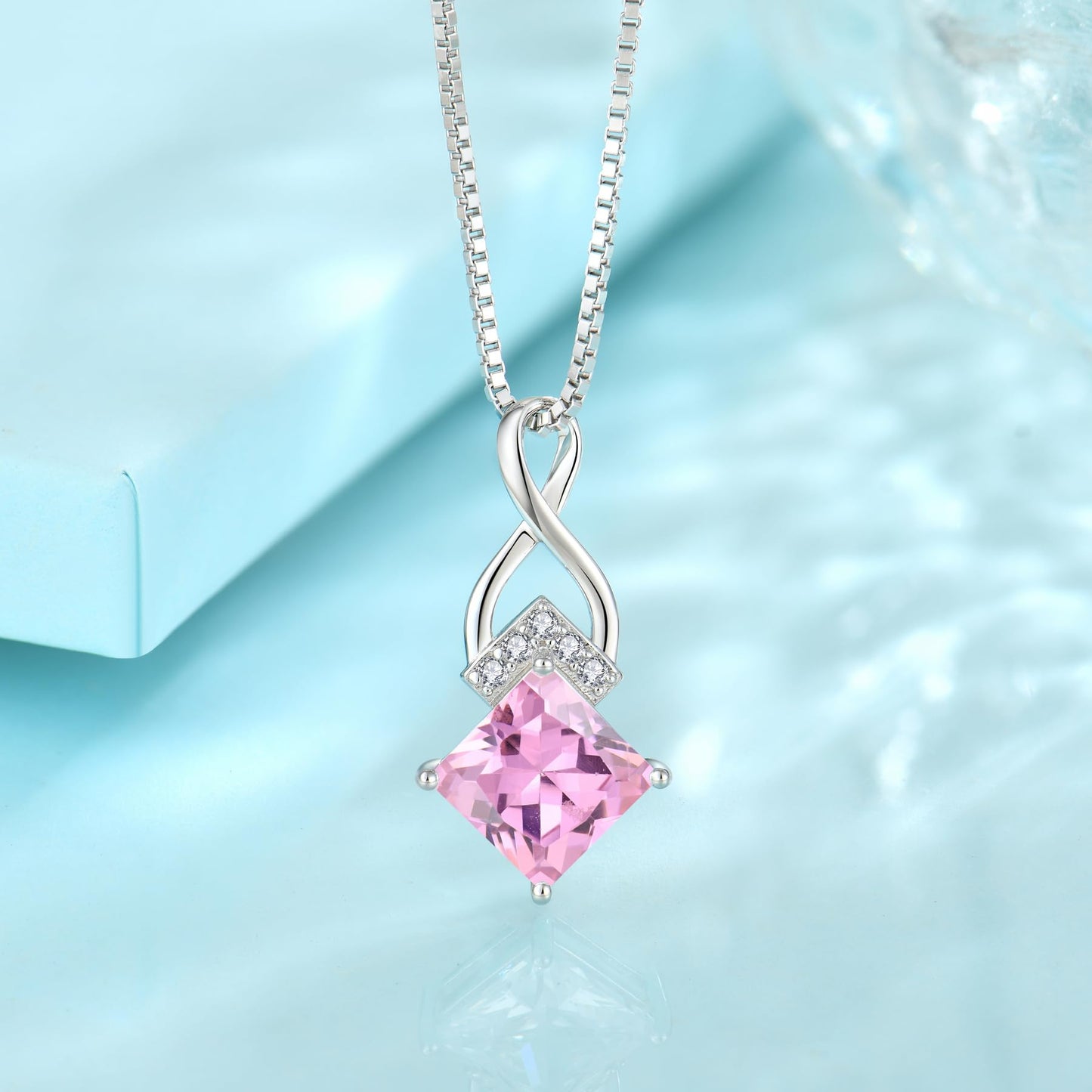 Rocayi Pink Tourmaline Jewelry Set 925 Sterling Silver Infinity Princess Cut Necklace and Earrings Set October Birthstone Jewelry for Women