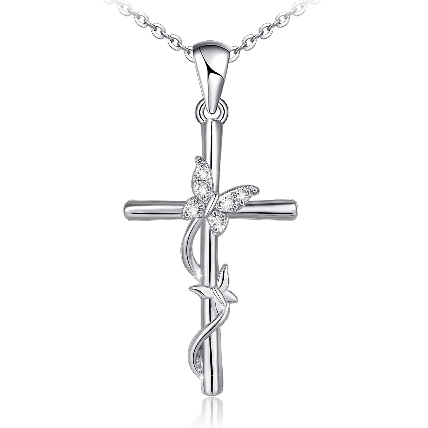 Distance Cross Necklace for Women 925 Sterling Silver Double Butterfly Pendant Necklace for Mom Wife Gift for Mother's Day or Birthday