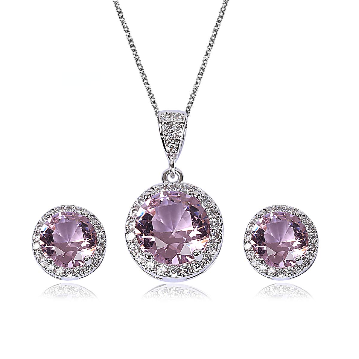 AMYJANE Bridal Jewelry Set for Women - Sterling Silver Round Pink Crystal Cubic Zirconia Pendant Necklace Earrings Set for Wedding Bride Bridesmaids Party Prom Valentine's Day Jewelry Accessories