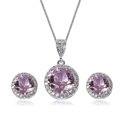 AMYJANE Bridal Jewelry Set for Women - Sterling Silver Round Pink Crystal Cubic Zirconia Pendant Necklace Earrings Set for Wedding Bride Bridesmaids Party Prom Valentine's Day Jewelry Accessories