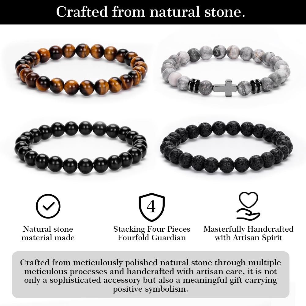 Crystery Men Beaded Bracelets, 8mm Natural Stone Bracelet, Healing Crystal, Jewelry Gifts for men, Triple Protection, Map Stone, Tiger Eye, Black Obsidian Beads Bracelets, Lava Rock, Pack of 4