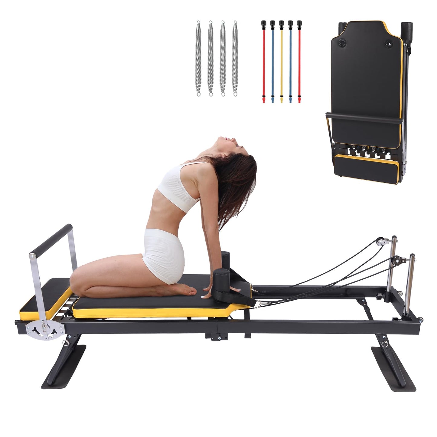Pro Pilates Reformer,Foldable Pilates Machine for Home Gym Workout,Home Pilates Equipment with Dual Resistance- Springs and Cords,Pilates Machine for Advanced,Beginners(Black & Yellow