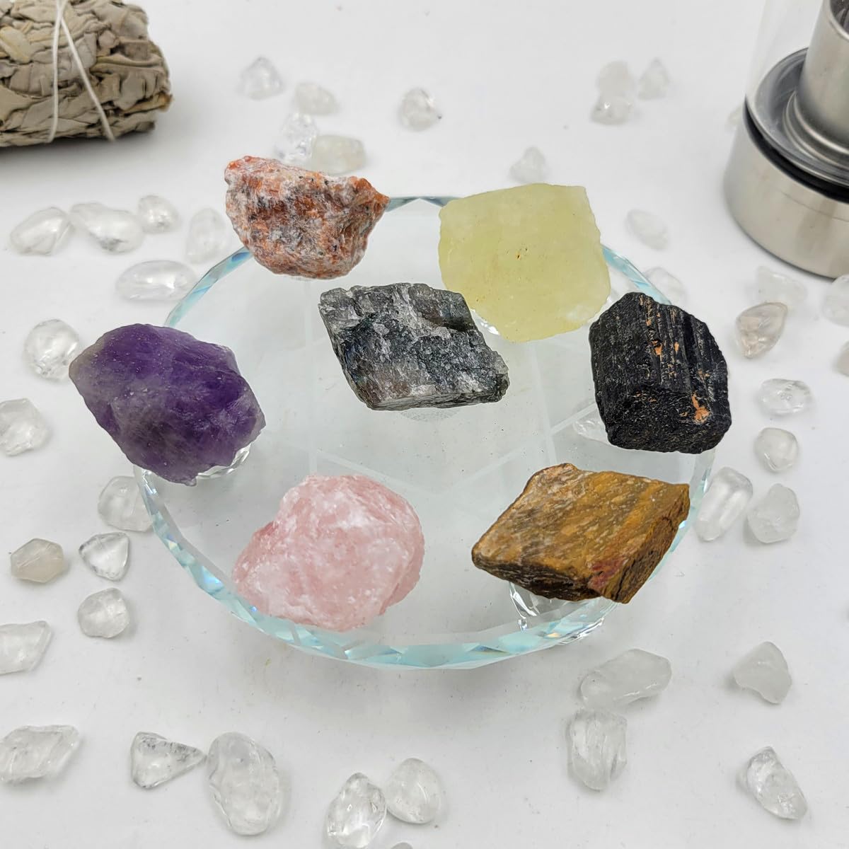 7Pcs Energy Crystals for Good Fortune Natural Raw Crystals Set of Black Tourmaline,Amethyst,Labradorite,Rose Quartz,Citrine,Sunstone,Tiger's Eye (Crystals for Good Fortune)
