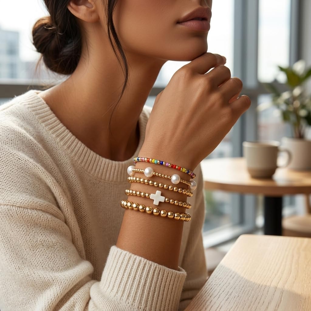 Bohxantium 14K Gold Beaded White Cross Bracelets for Women Dainty Pearl Colorful Seed Beads Stretch Stackable Non Tarnish Bracelet Stack Boho Christian Jewelry Accessories Birthday Prom Friendship Gift