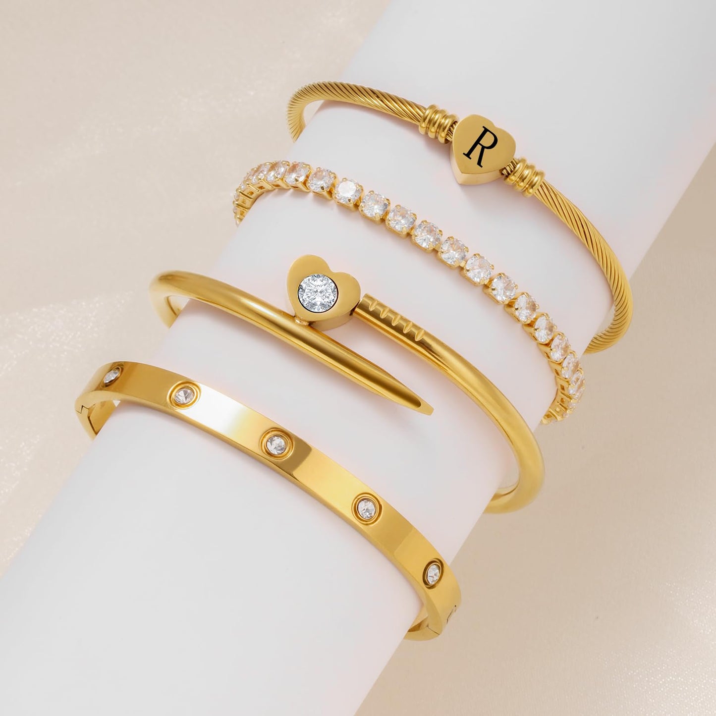 MEIERYA18K Gold Plated Nail love Bangle Bracelet Set for Women,Cubic Zirconia,Adjustable tennis bracelet Trendy Gift Jewelry for Mother's Day Anniversary (12-Style-R)