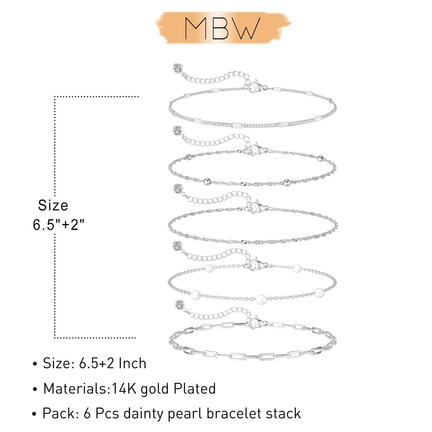 14K Silver Plated Dainty Pearl Bracelets for Women, Paperclip Chain Bracelet Stack for Women Waterproof Small Simple Cute Beaded Bracelet Set Silver Plated Pearl Jewelry Set Thin Prom Wedding Jewelry