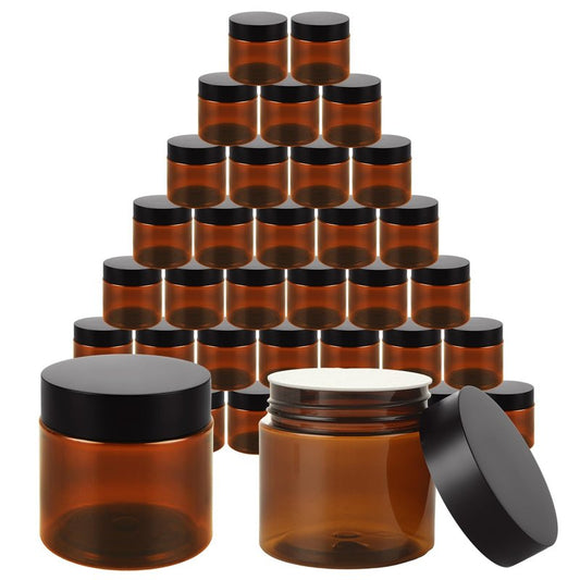 Acrux7 50 Pack 2 oz Amber Plastic Containers with Lids, Empty Amber Plastic Jars Leak Proof 60 ml Small Round Cosmetic Jars for Cream, Lotion, Powder, Scrubs, Bath Salt, Eye Shadow, Beauty Products