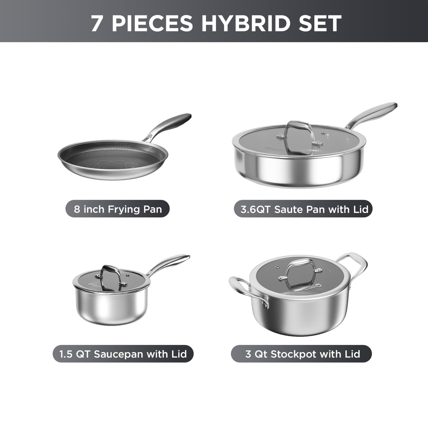 COOKER KING 7 PCS Stainless Steel Cookware Set, Pots and Pans Set Non Stick, Hybrid Cookware,Non-Stick Frying Pan, Saucepan, Saute Pan & Stockpot, Non-Toxic, Oven Safe, Induction Compatible