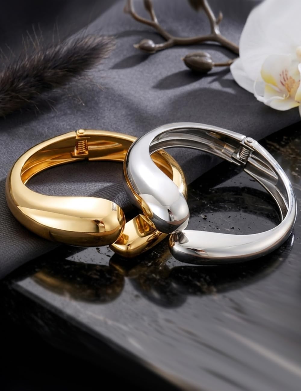Chunky Gold Bangle Bracelets for Women, Dainty 14k Gold Plated Big Stackable Bangles Set, Trendy Statement Cuff Bracelet Stack Fashion Jewelry Gifts (2 Silver & gold teardrop chunky bangles)