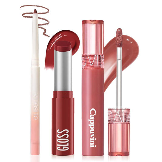 KIMUSE 3 Pack Lip Combo Set, 3-Step Plumping Korean Lip Kit, Waterproof Long-Lasting Satin Finish Lip Makeup Kit, Non-Sticky Lightweight Formula for Plump Hydrated Lips, Gift Ready (Berry Mousse Set)