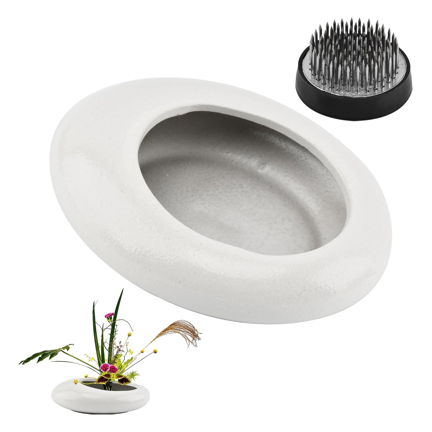 Flower Frog Vase Kit, Japanese Ikebana Flower Arrangement with 1.57 Inch Kenzan Ceramic White Pebble Shaped Bowl, 2-in-1 Flowers Arrangement Kenzan Needle Straightening Tool(Color:White)