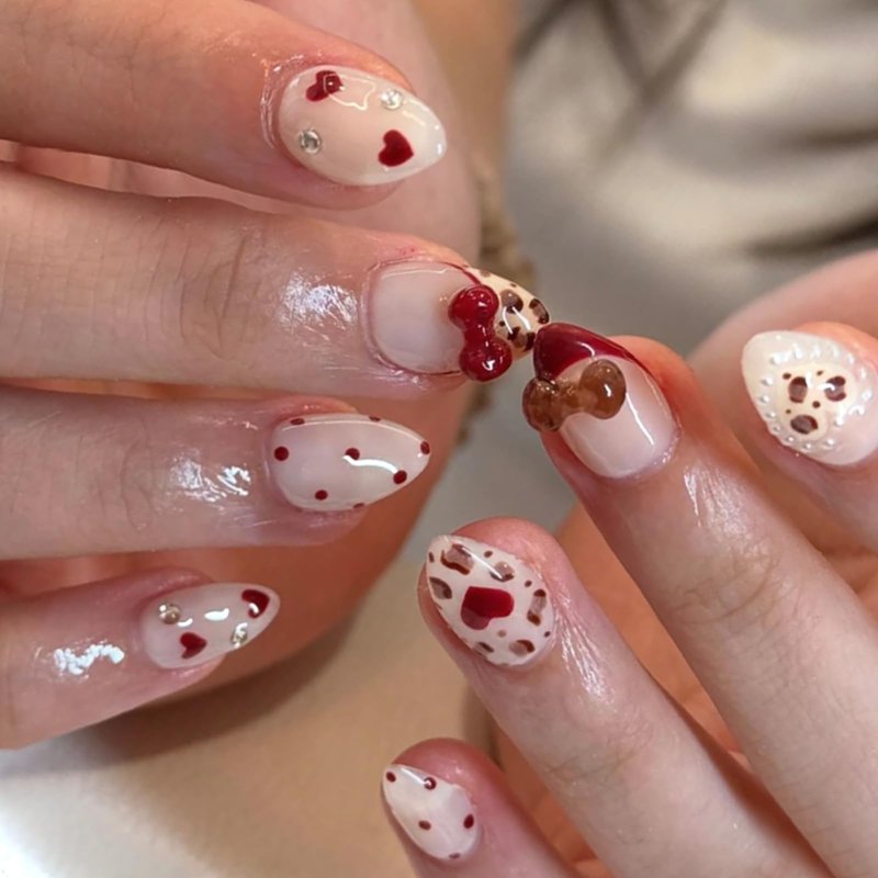 HOSAILY Polka Dot Press on Nails Short Almond, 3D Cute Bow Valentines Fake Nails with Heart Pearl Leopard Design, 24pcs Glossy Red French Rhinestones Glue on Nails, Stick on Nails Press ons for Women