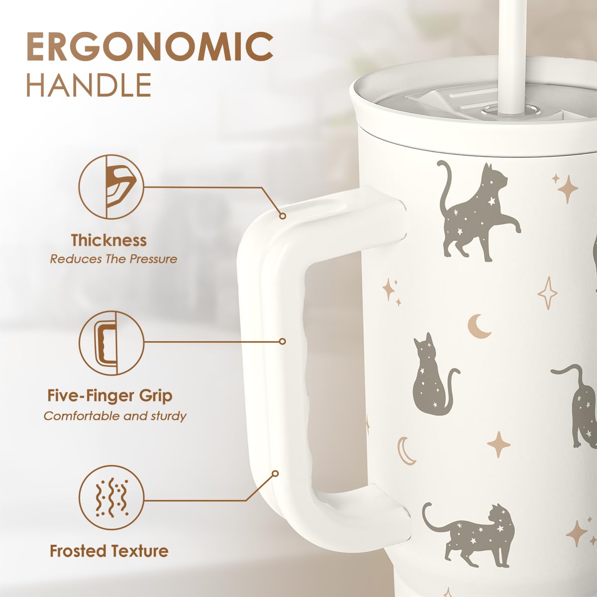 Gift for Cat Lovers Cat Mom – 40oz Stainless Steel Tumbler with Handle and Straw - Travel Coffee Mug for Women, Gift for Birthday, Christmas