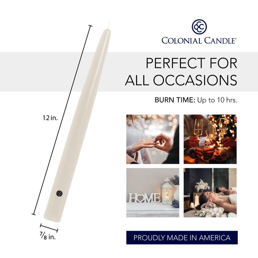 Colonial Candle Unscented Taper Candle, Handipt Collection, Ivory, 12 In, Pack of 12 - Up to 10 Hours Burn