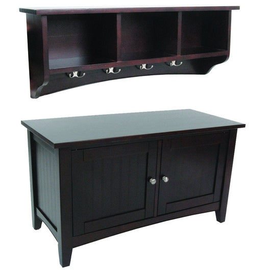 Alaterre Furniture Shaker Cottage Wall Mounted Coat Hook with Cubbies and Storage Bench/Cabinet Set, Espresso