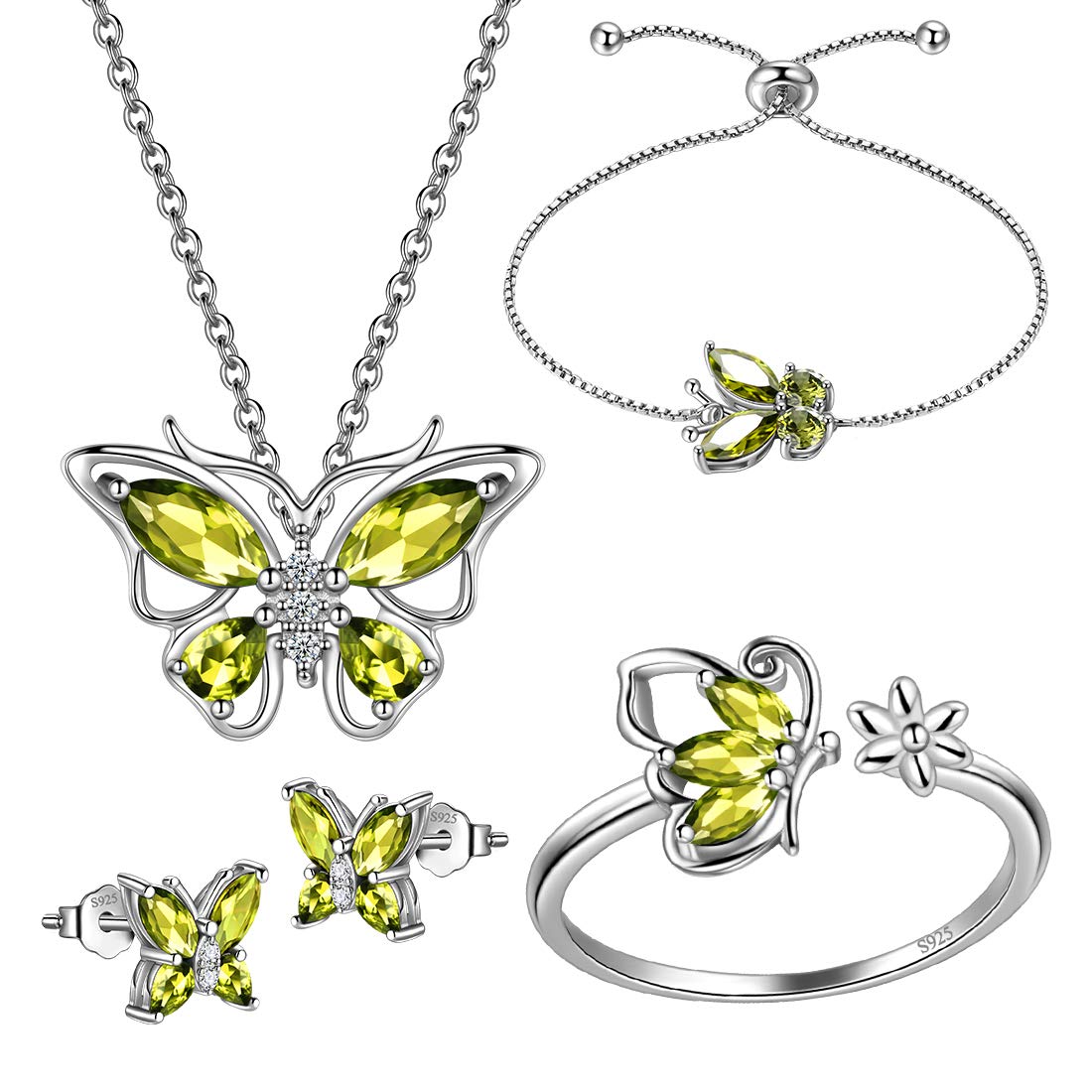 Hipunk Butterfly Green Jewelry Sets Birthstone Women 925 Sterling Silver August-Peridot Birth Stone Animal Butterflies Jewelry Sets/Earring/Ring/Bracelet Set Crystal Birthday Jewelry SS0003A