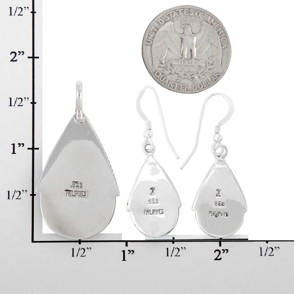 925 Sterling Silver Matching Pendant & Earrings Set with Genuine Gemstones 20" Necklace (Matrix Turquoise)