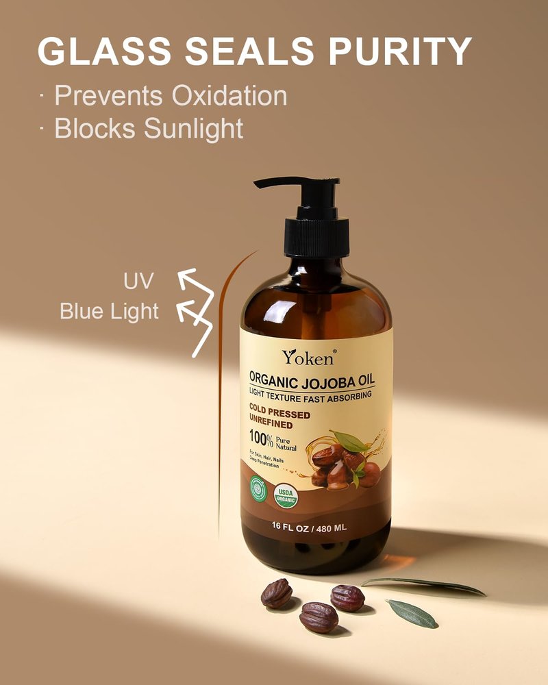Yoken Organic Jojoba Oil Glass Bottle 16 fl oz, USDA Certified 100 Pure & Natural Jojoba Oil for Hair, Skin & Face, Cold Pressed Unrefined Hexane Free, Deeply Moisturizing Body Serum for Gua Sha