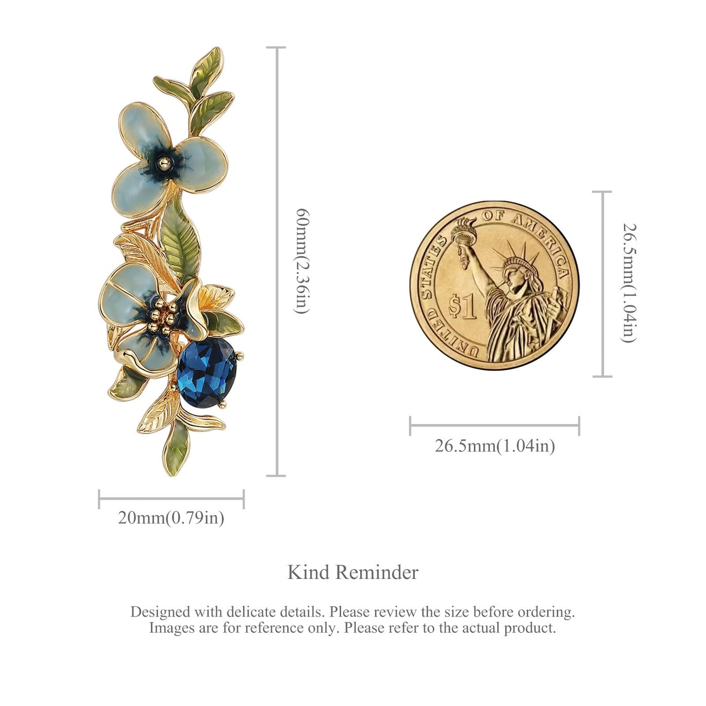 Irises Flower brooches and pins for women, Hand-driping Oil brooch pins inlaid with artificial crystals, SHE'S FREE STYLE JUST FOR YOU Green leaf safety pins enameled jewelry pins and brooches (Blue)