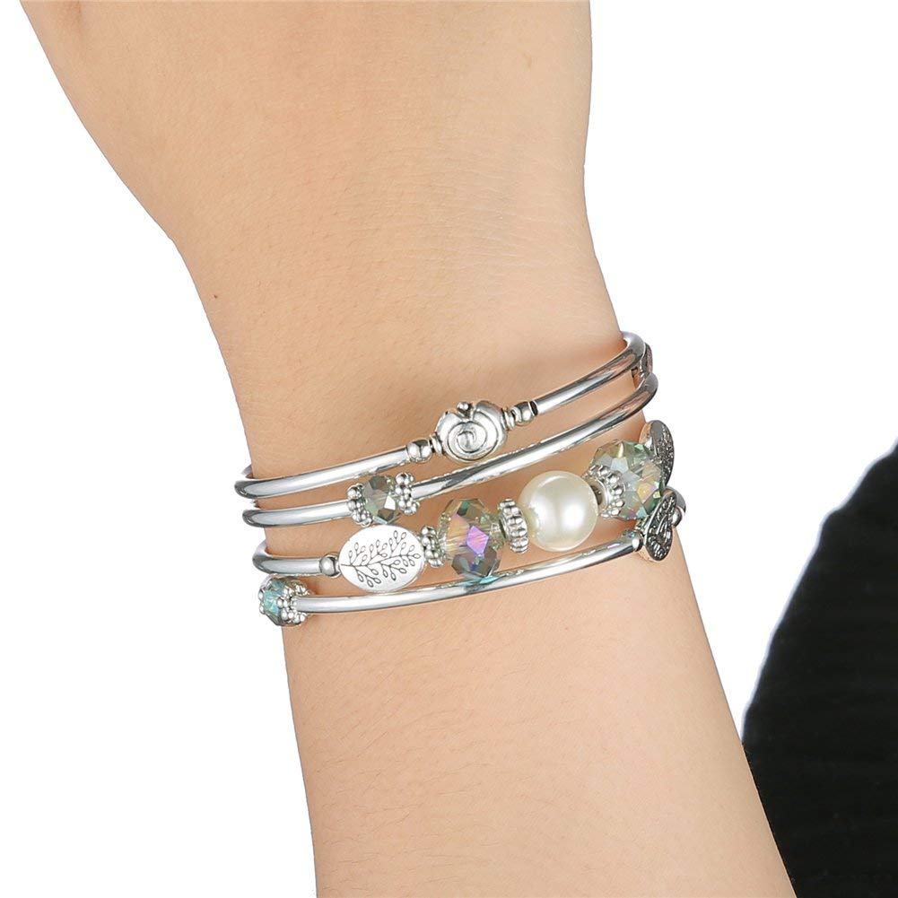 PEARL&CLUB Bead Crystal Wrap Bangle Bracelet - Fashion Jewelry Beaded Bracelet with Silver Metal, Gifts for Women(92-Green)