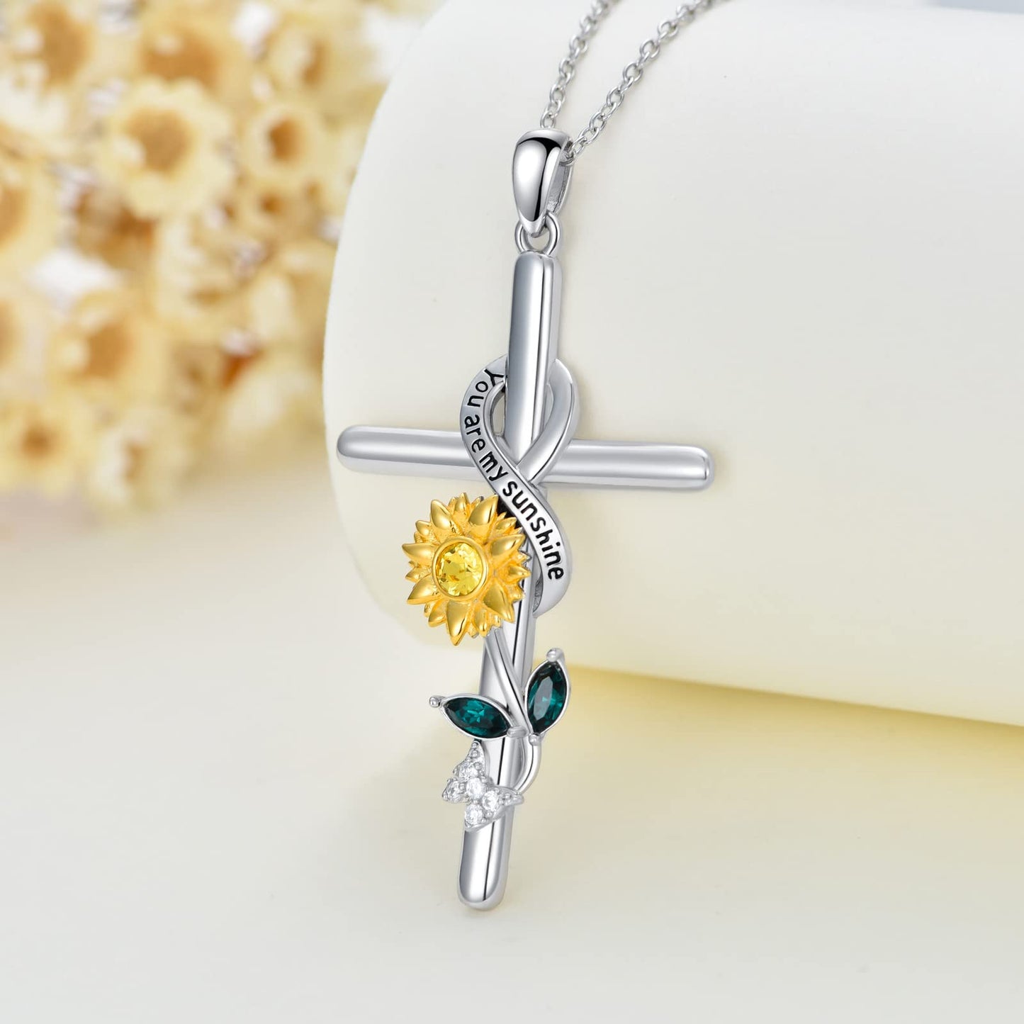 Flpruy Sunflower Necklace for Women 925 Sterling Silver Sunflower Cross Pendant Necklace You Are My Sunshine Necklace Sunflower Jewelry Gifts for Mom Wife Sister