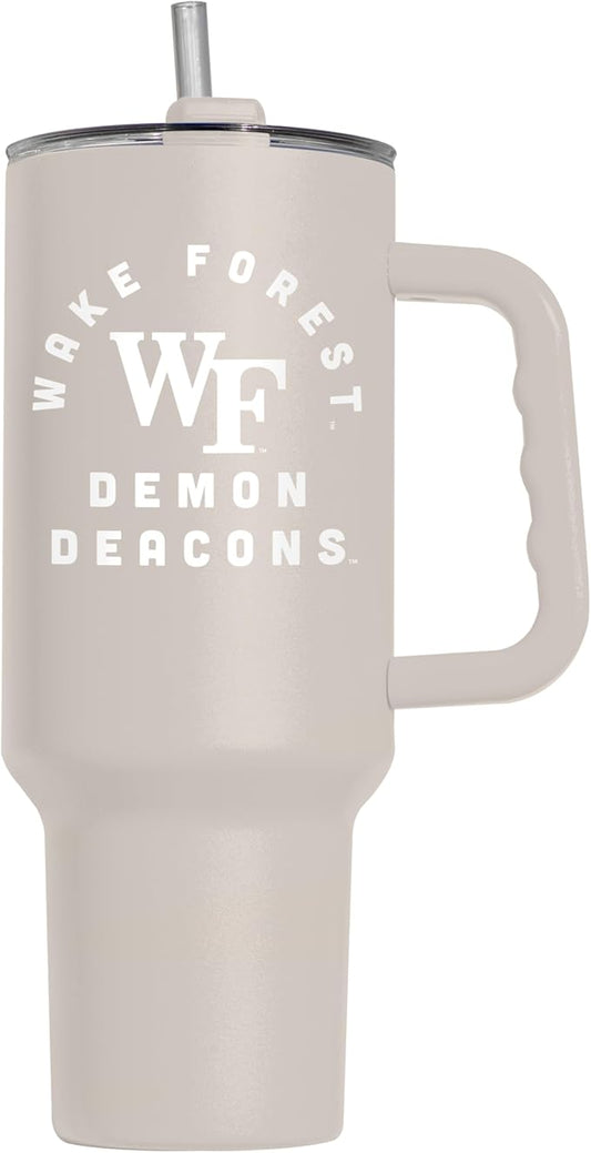 Logo Brands NCAA Wake Forest Demon Deacons Sand 40 oz Tumbler with Handle - Stylish Everyday Use Powder Coated-Stainless Steel with Straw- Keeps Cold For Hours