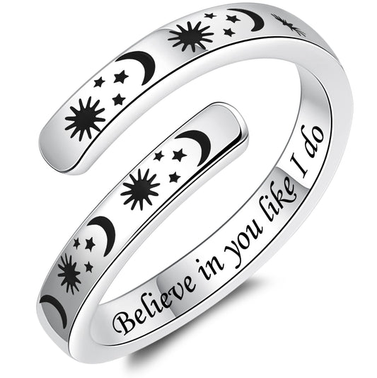 925 Sterling Silver Inspirational Jewelry Adjustable Wrap Open Ring Encouragement Gift for Women (Sun & Moon - Believe in you like I do)