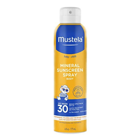 Mustela Baby Mineral Sunscreen Spray SPF 30 Broad Spectrum - Body Sun Spray for Sensitive Skin - Water Resistant & Fragrance Free - 6 fl.oz.
