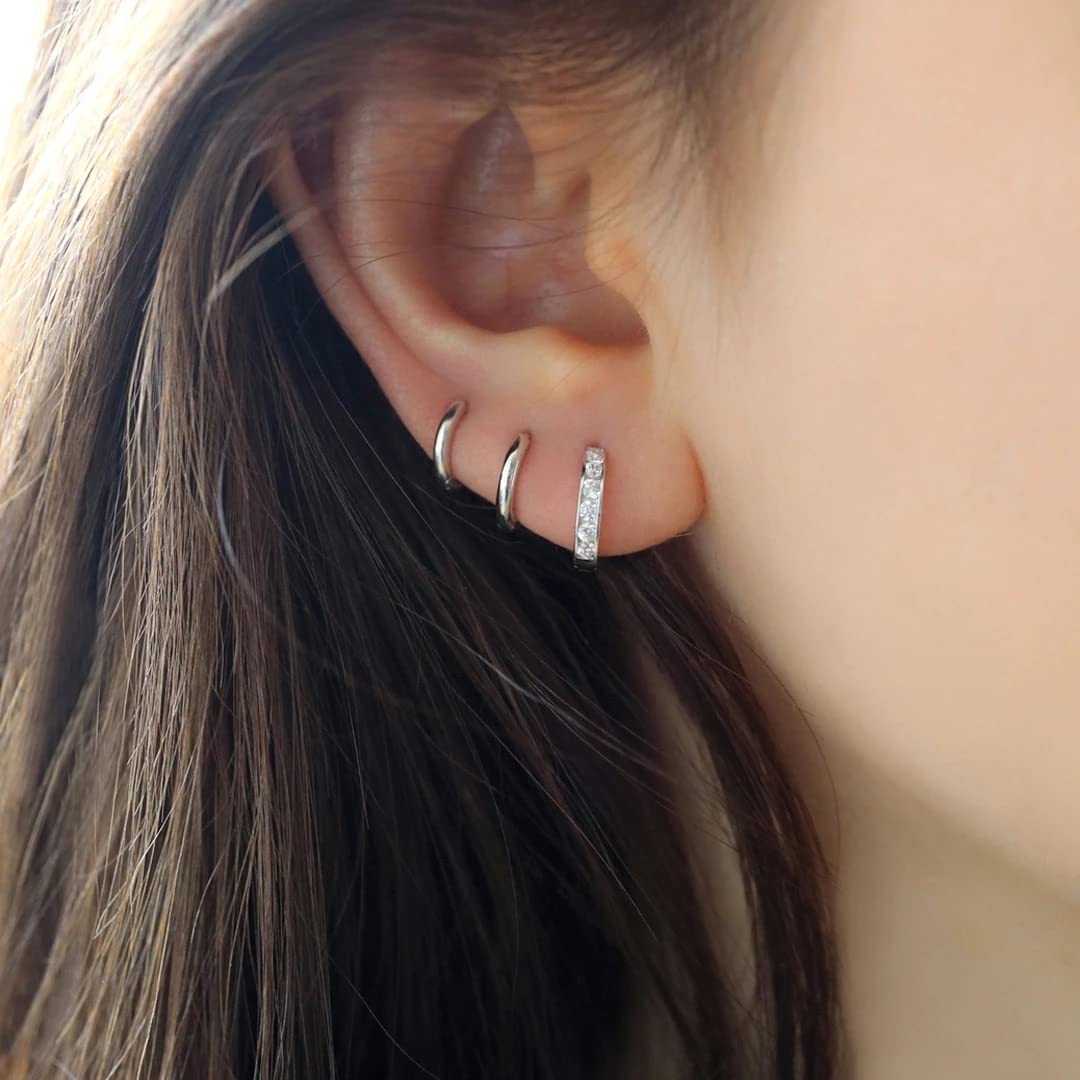Sterling Silver Small Hoop Earrings Tiny Cartilage Earring Cubic Zirconia Cuff Huggie Earrings Mini Hoops Earrings Piercing for Women 3 Pairs 8mm