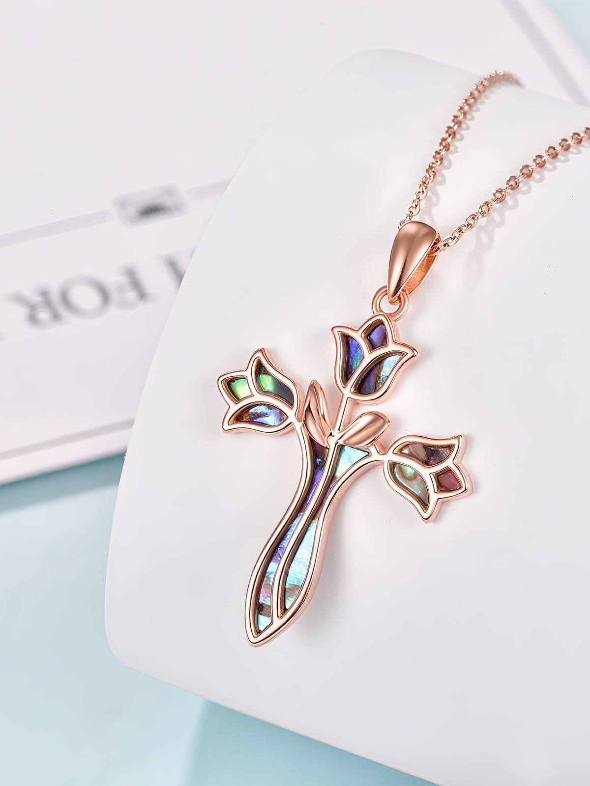 Dreamboat Rose Gold Plated Cross Necklace for Women Sterling Silver Cross Pendant Christian Necklace Tulip Abalone Shell Faith Confirmation Gifts Religious Jewelry for Mom